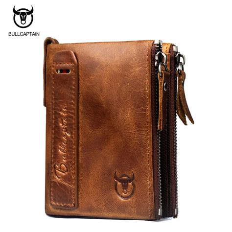 BULLCAPTAIN Genuine Leather Zipper Men Wallet Vintage Mens Small Wallet