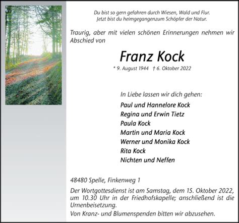 Traueranzeigen Von Franz Kock Noz Trauerportal