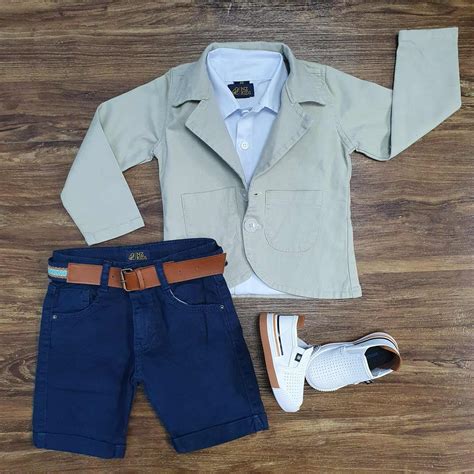 Blazer Nude Camisa E Bermuda Azul Infantil