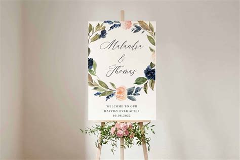 Personalised Wedding Welcome Sign Blush Navy Florals Portrait