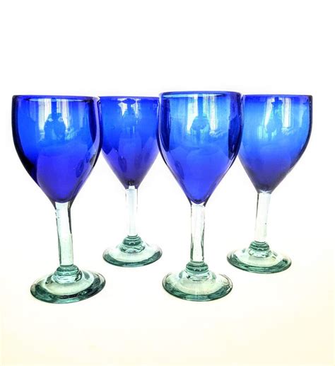 Vintage Mexican Cobalt Blue Wine Glasses Heavy Hand Blown Etsy