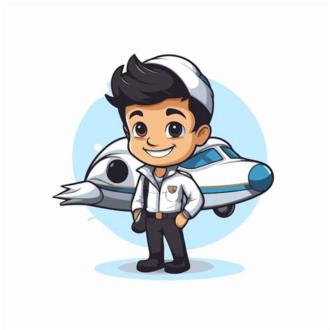 Lindo piloto de dibujos animados con avión en fondo blanco Ilustración