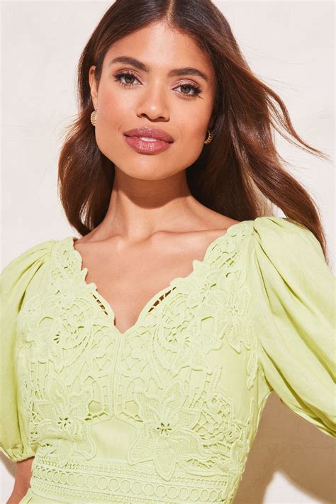 Buy Lipsy Green Puff Sleeve V Neck Lace Artwork Skater Dress From Next