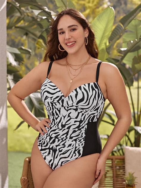 Plus Zebra Stripe Ruched Push Up One Piece Swimsuit Shein Usa