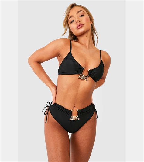 Buy Boohoo Gold Trim High Waist Ruched Bikini Brief In Black