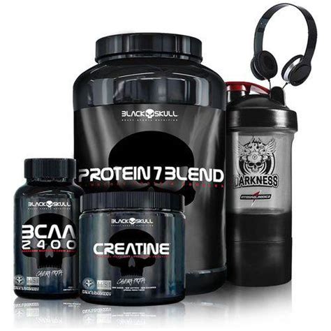 Tudo Sobre Kit Whey Protein 7 BCAA 2400 Creatina Caveira Preta