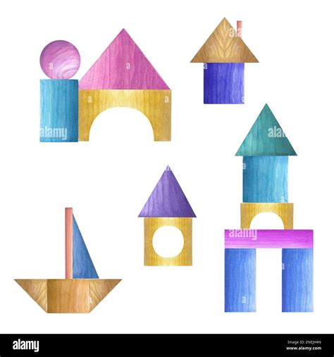 Watercolor Illustration Of A Set Of Wooden Building Blocks Isolated On