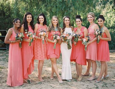 Short And Long Coral Bridesmaid Dresses