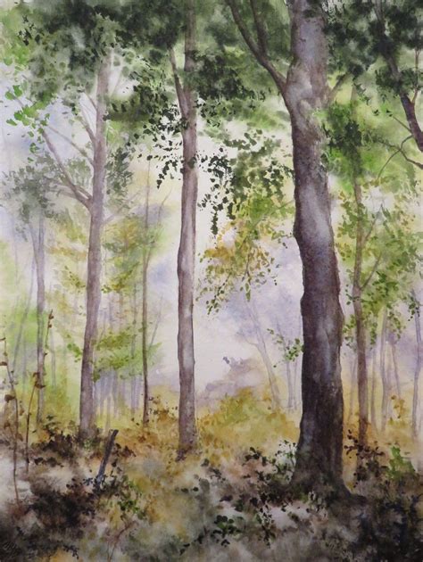 Aube en forêt 23 x 31 cm Brume dans les bois Arbres en aquarelle