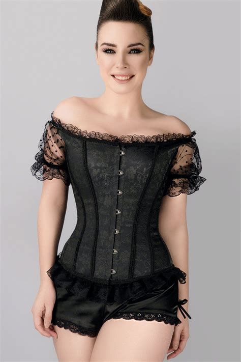 Black Brocade Overbust With Court Neck And Sleeves Overbust Corset