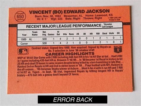 BO JACKSON 1990 DONRUSS ALL STAR 650 TRIPLE ERROR RECENT MAJOR NO