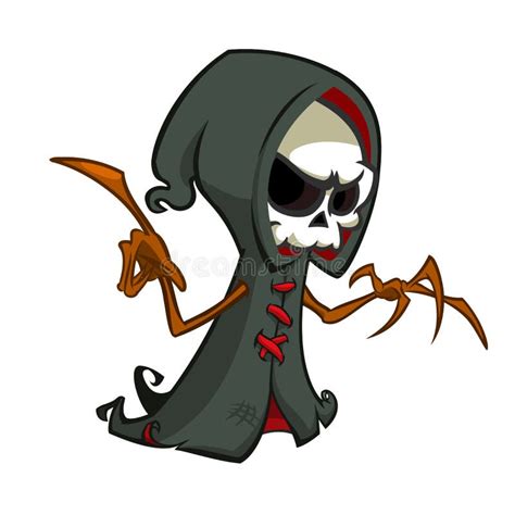 Cute Cartoon Grim Reaper With Scythe Isolated On White Cute Halloween Skeleton Death Character