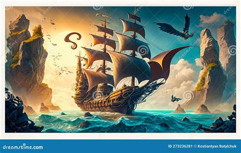 Painting Of Pirate Ship In The Ocean Generative AI Stock Illustration