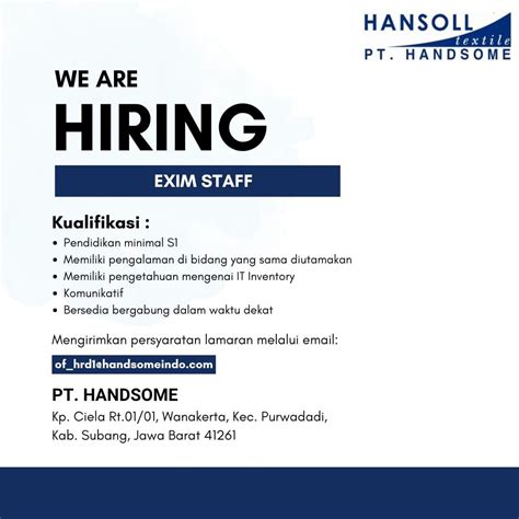 Lowongan Kerja Subang PT Handsome Textile Juni 2024 Terbaru LOKER