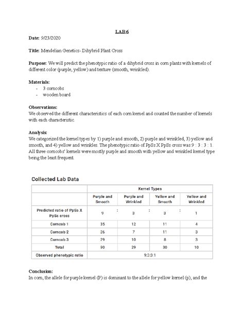 Mendelian Genetics Dihybrid Plant Cross Lab Date Title