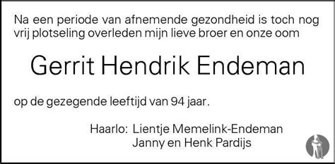 Gerrit Hendrik Endeman Overlijdensbericht En Condoleances