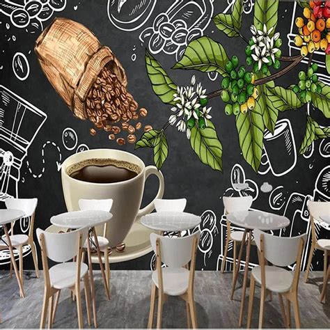 Custom D Mural Wallpaper Coffee Beans Fruits Painting Blackboard