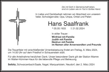 Traueranzeigen Von Hans Saalfrank Franken Gedenkt De