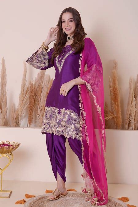 Buy Purple Bamberg Silk Embroidered Sequin Cutwork Kurta Dhoti Pant Set