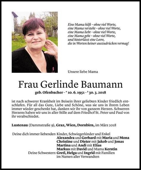 Todesanzeigen Von Gerlinde Baumann Todesanzeigen Vorarlberger Nachrichten