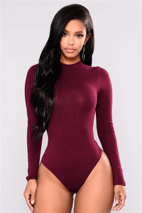 Melanie Mock Neck Bodysuit Wine Fashion Nova Basic Tops