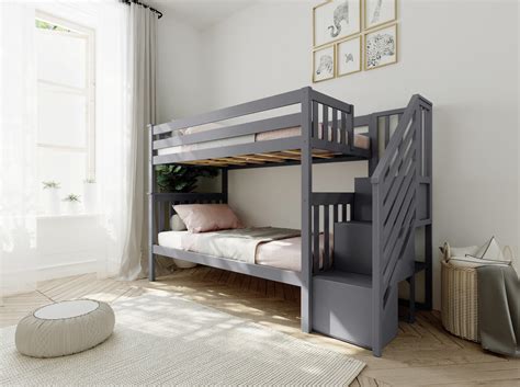 Solid Wood Twin Over Twin Bunk Bed With Staircase In Grey Finish