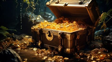 Premium AI Image | The gold treasure chest is made of gold coins.