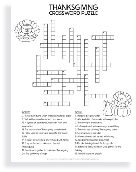 Free Thanksgiving Crossword Puzzle Printable