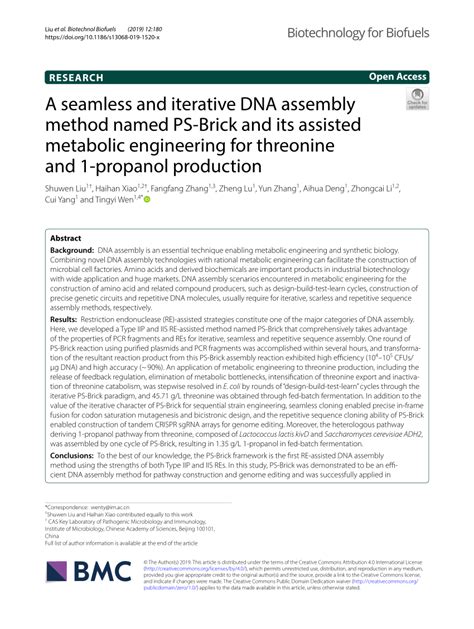 Pdf A Seamless And Iterative Dna Assembly Method Named Ps Brick And