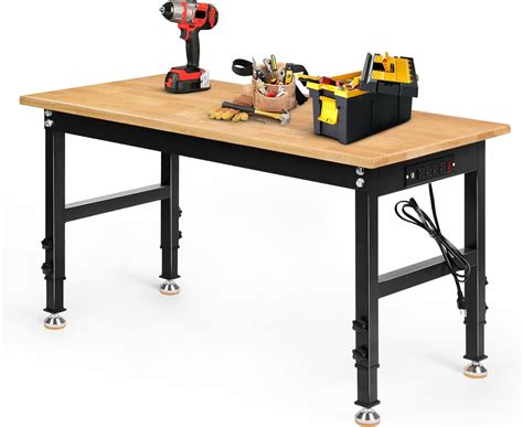 Betterhood Adjustable Height Workbench Rubber Wood Top Heavy Duty