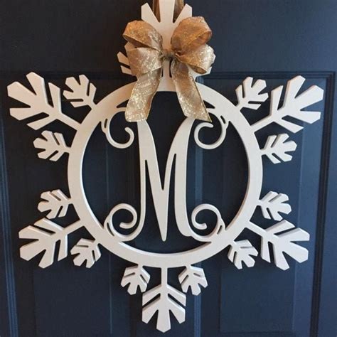 Snowflake Door Hanger Monogram Wooden Snowflake Initials Winter Door