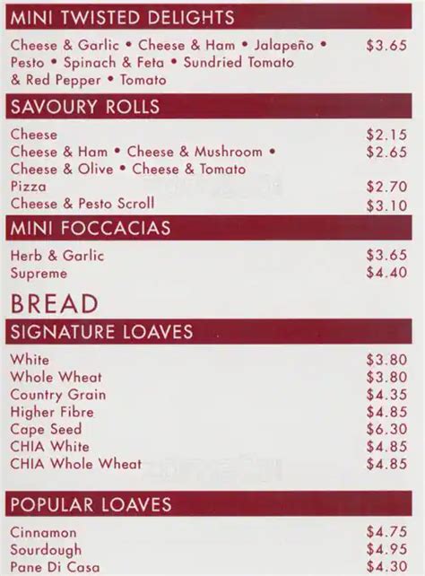 Menu at COBS Bread Bakery, Vancouver, W 4th Ave