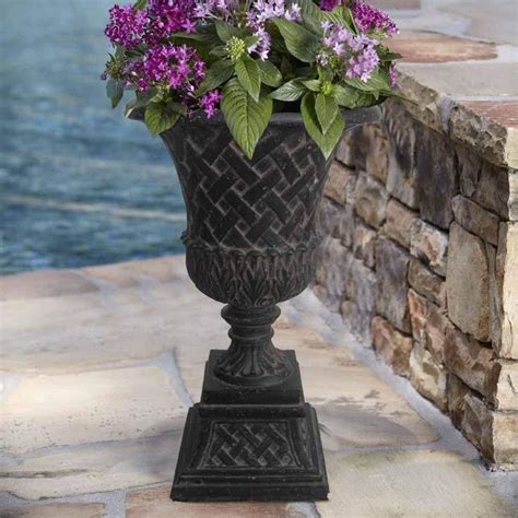 Tall Lattice Urn Pedestal In Aged Charcoal Outdoor Decor Patio