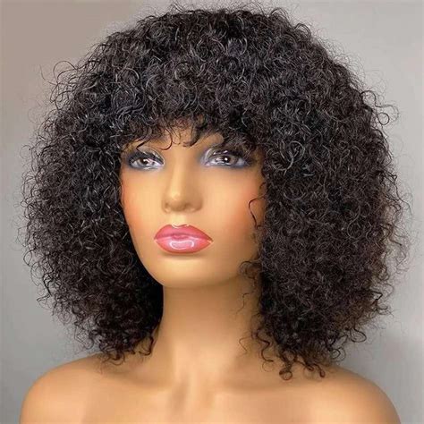 Short Kinky Curly Human Hair Glueless Wig With Bangs Uolova Hair