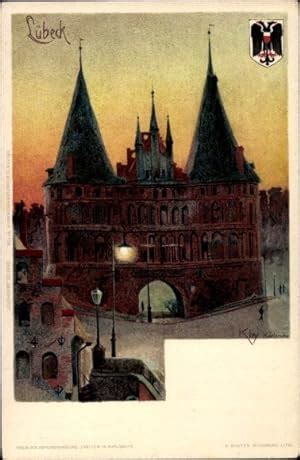 Künstler Litho Kley Heinrich Lübeck Partie am Holstentor Panorama