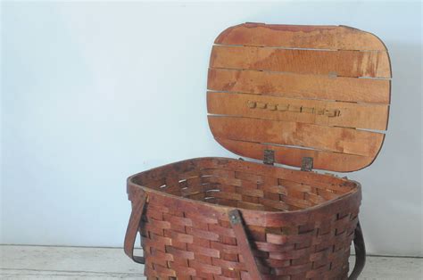 Vintage Picnic Basket Woven Wood Picnic Basket Baskerville Etsy