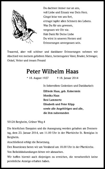 Traueranzeigen Von Peter Wilhelm Haas WirTrauern