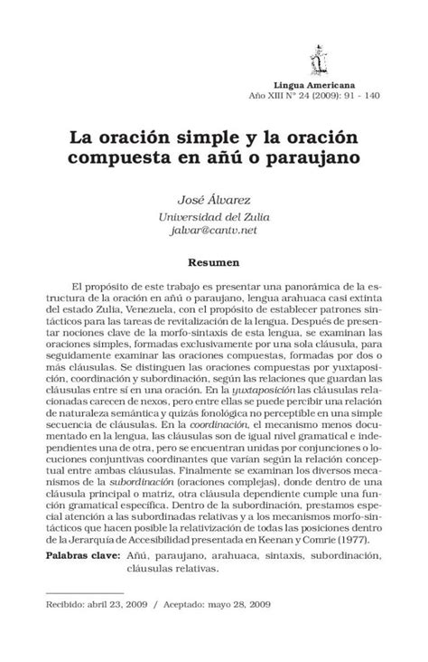 Pdf Lvarez La Oraci N Simple Y La Oraci N Compuesta En A O