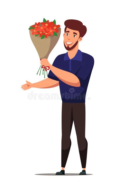 Happy Man Holding Flower Bouquet Flat Character Stock Vector