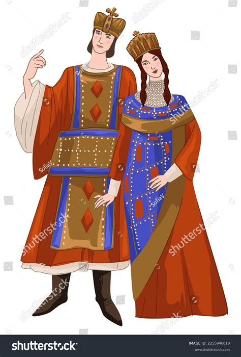 Male Female Character Representing Byzantine Clothes Stock Vector