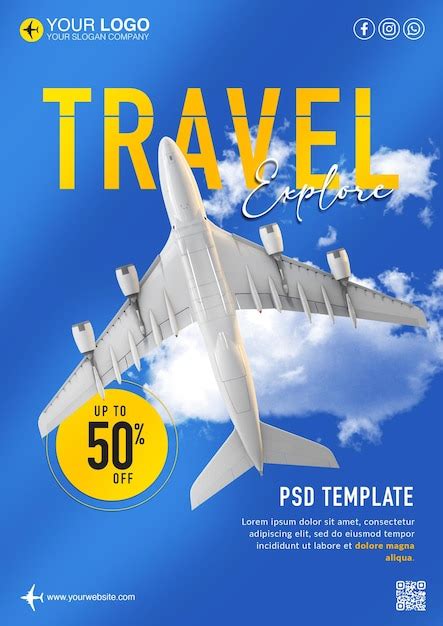 Travel Agency Flyer Template With Airplane On Blue Sky Premium Ai