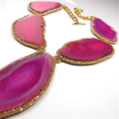 Statement Necklace Fuschia Hot Pink Agate Geode Druzy And Gold