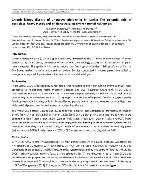 Chronic Kidney Disease Of Unknown Etiology In Sri Lanka The Potential