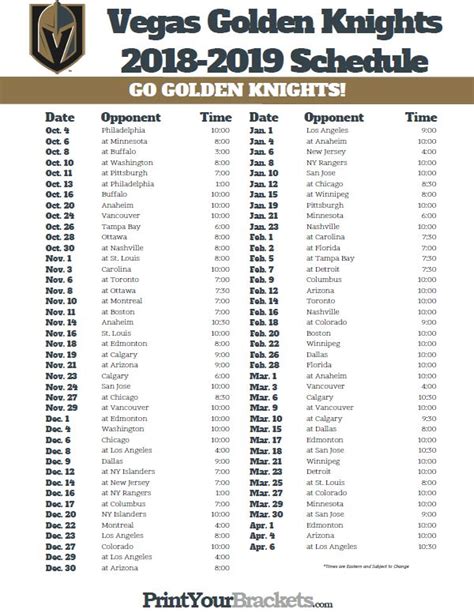 Printable 2018 2019 Vegas Golden Knights Hockey Schedule Vegas Golden