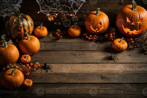 Happy Halloween With Pumpkins And Spiders Decoration On Rustic Weathered Wooden Fence Plank