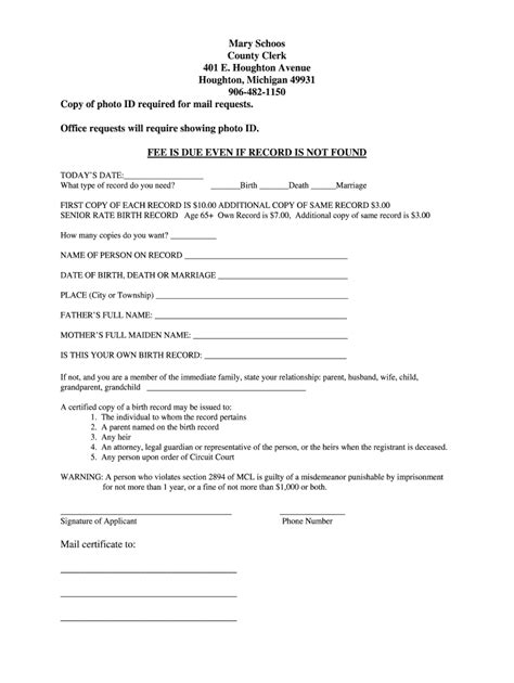 Fillable Online Vital Records Request Form Houghton County Michigan