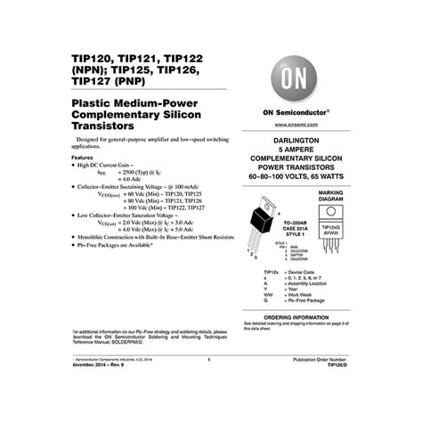 TIP120 Onsemi 5A 60V NPN Darlington Transistor Datasheet