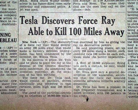 NIKOLA TESLA Death Ray ? Teleforce Charged Particle Beam Weapon 1934 Newspaper | eBay