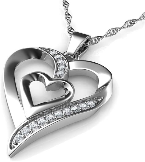 Dephini Heart Necklace 925 Sterling Silver Double Love Heart Pendant With Cz