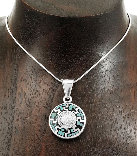 Two Sided Inlaid Turquoise Gaspiete Aztec Mayan Calendar Pendant Taxco